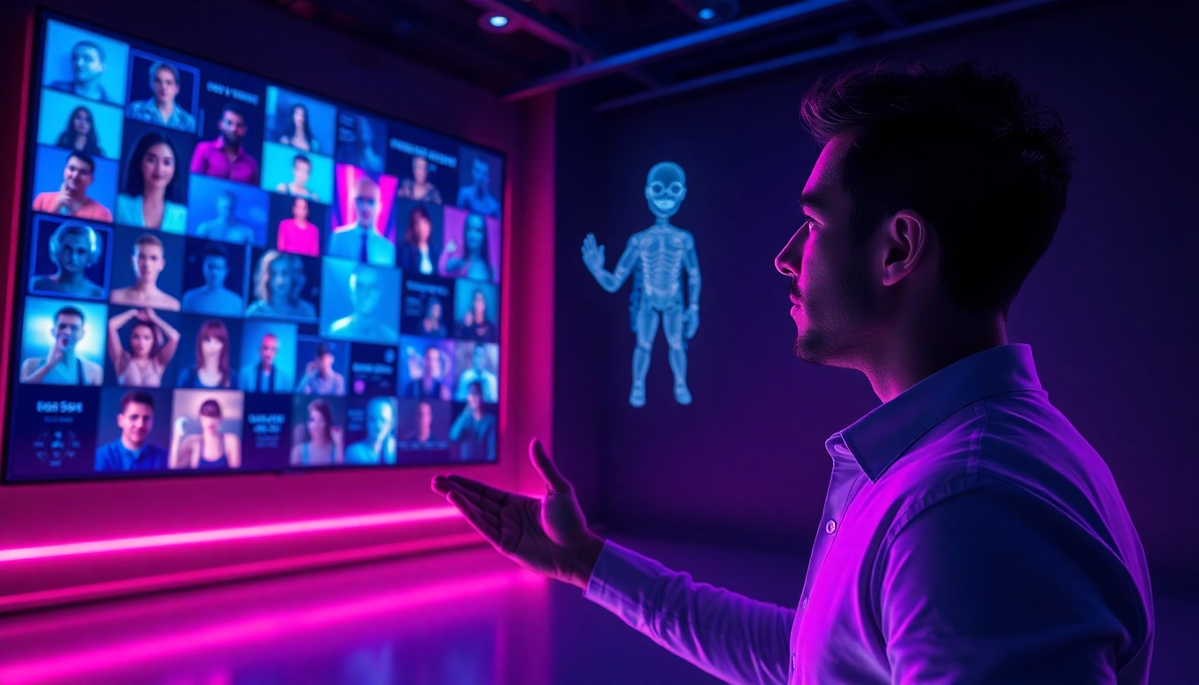 Futuristic scene of AI interface with holographic characters in a dark room with neon lights.