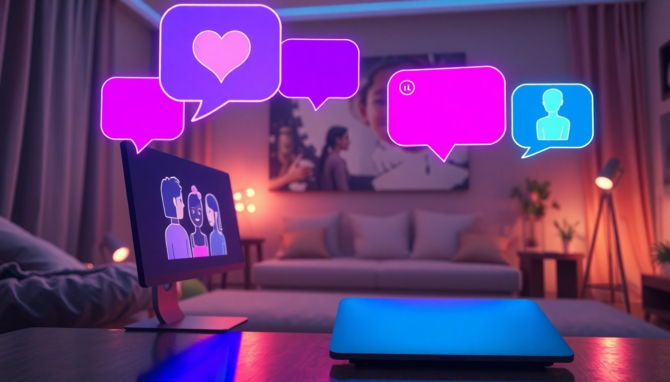 Futuristic digital scene of AI chat environment with holographic messages and expressive AI character visuals