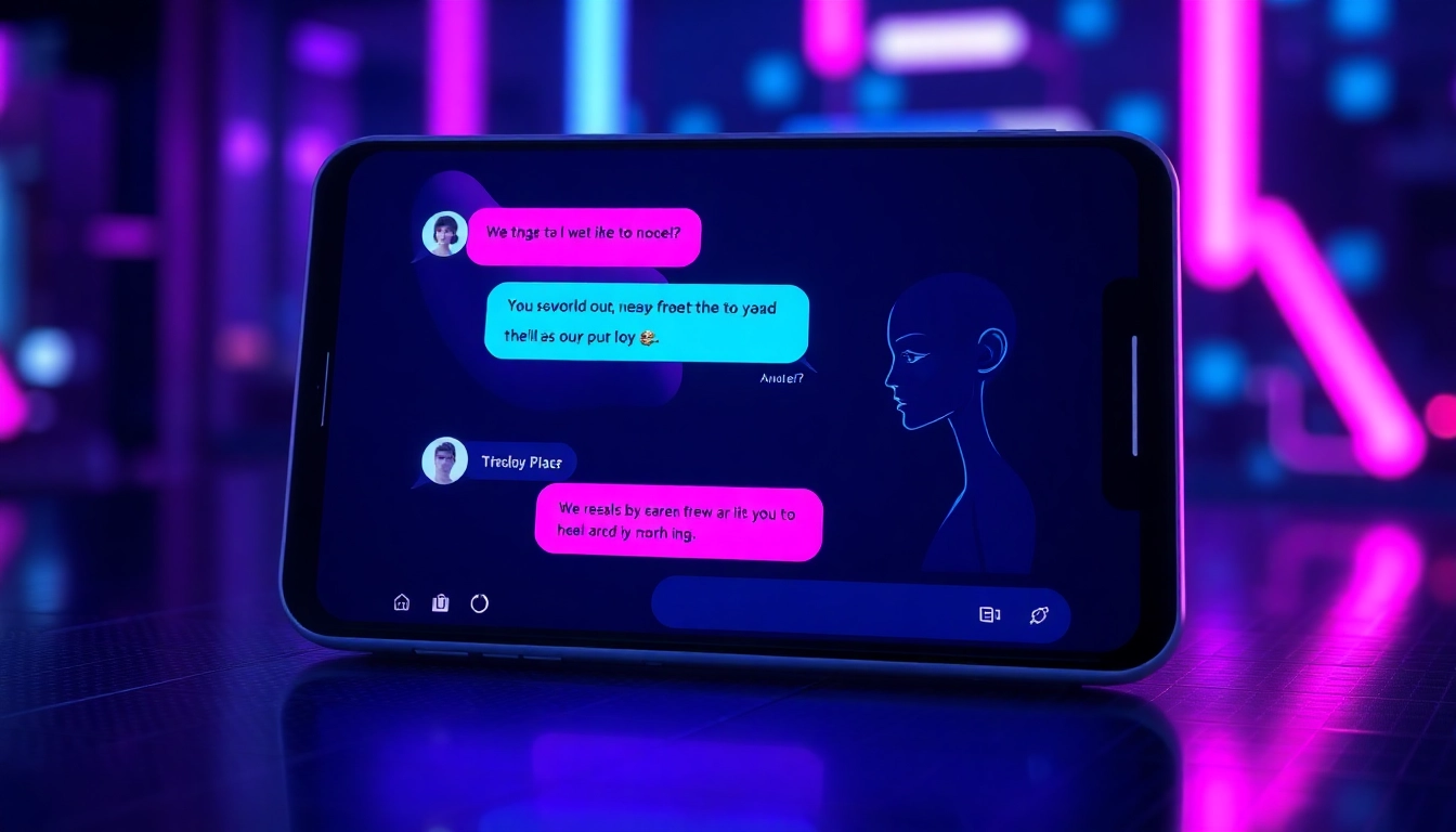 Futuristic AI chat interface with glowing neon elements and a stylized avatar in a high-tech environment.