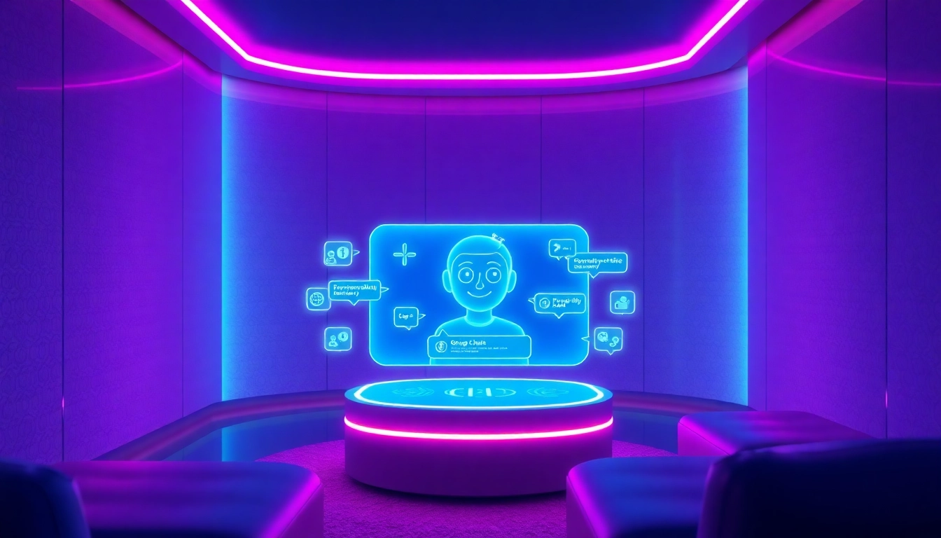 Futuristic chat interface with AI character hologram in a neon-lit digital environment