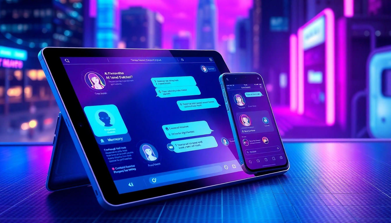 Futuristic digital devices displaying customizable AI chat interfaces with neon cyberpunk background.