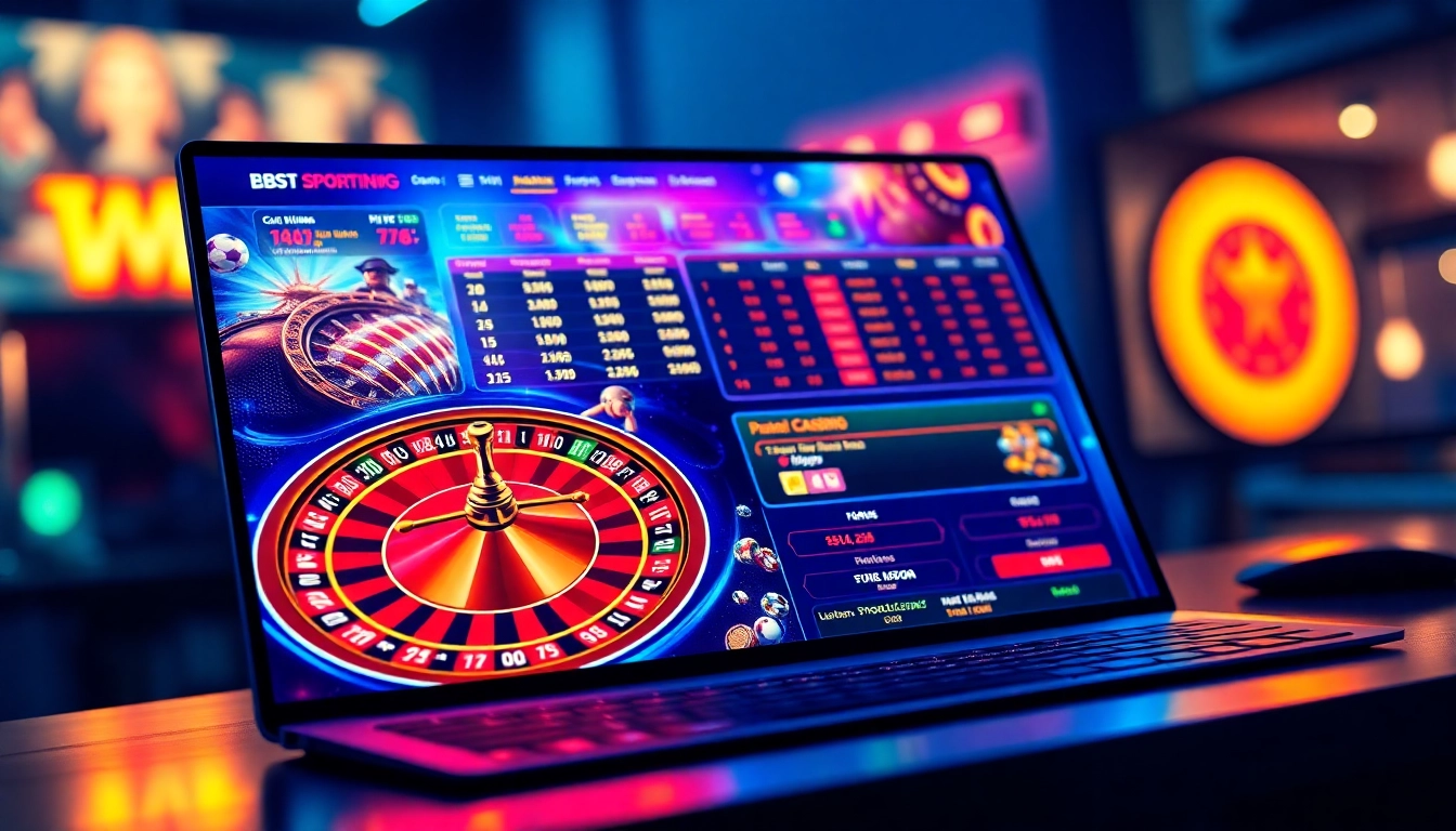 Illustration of an online sportsbook and casino platform with betting elements and live sports scores on a digital device.