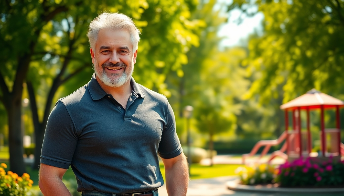 A confident, attractive mature man smiling outdoors in a park with greenery and flowers.