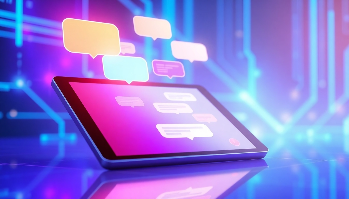 Futuristic digital illustration of a chatbot interface on a tablet with colorful chat bubbles in a cyber-themed environment.