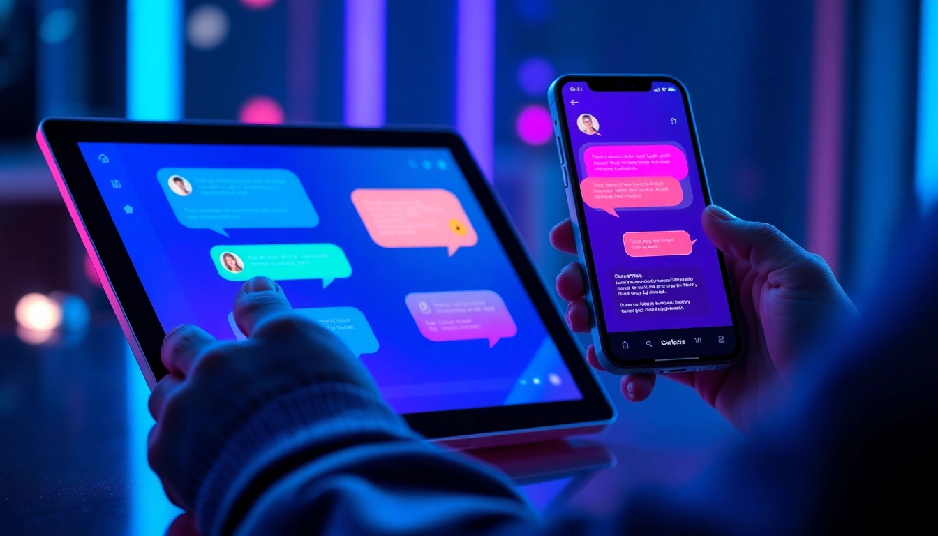 An illustration of users engaging with AI chat on modern devices with colorful chat bubbles and a futuristic background.