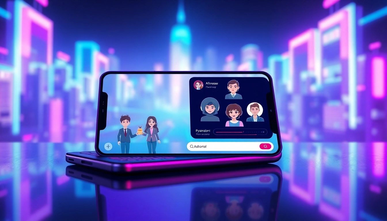 Futuristic digital chat interface with holographic AI characters in a neon-lit cityscape background.